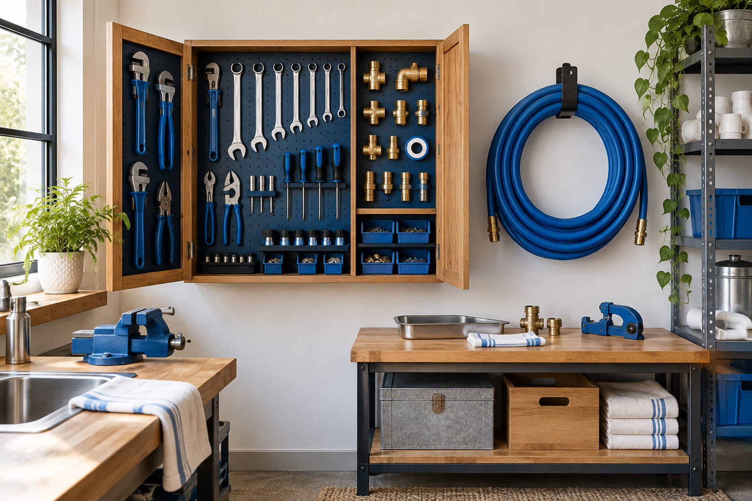 Organized plumbing equipment in a clean workshop