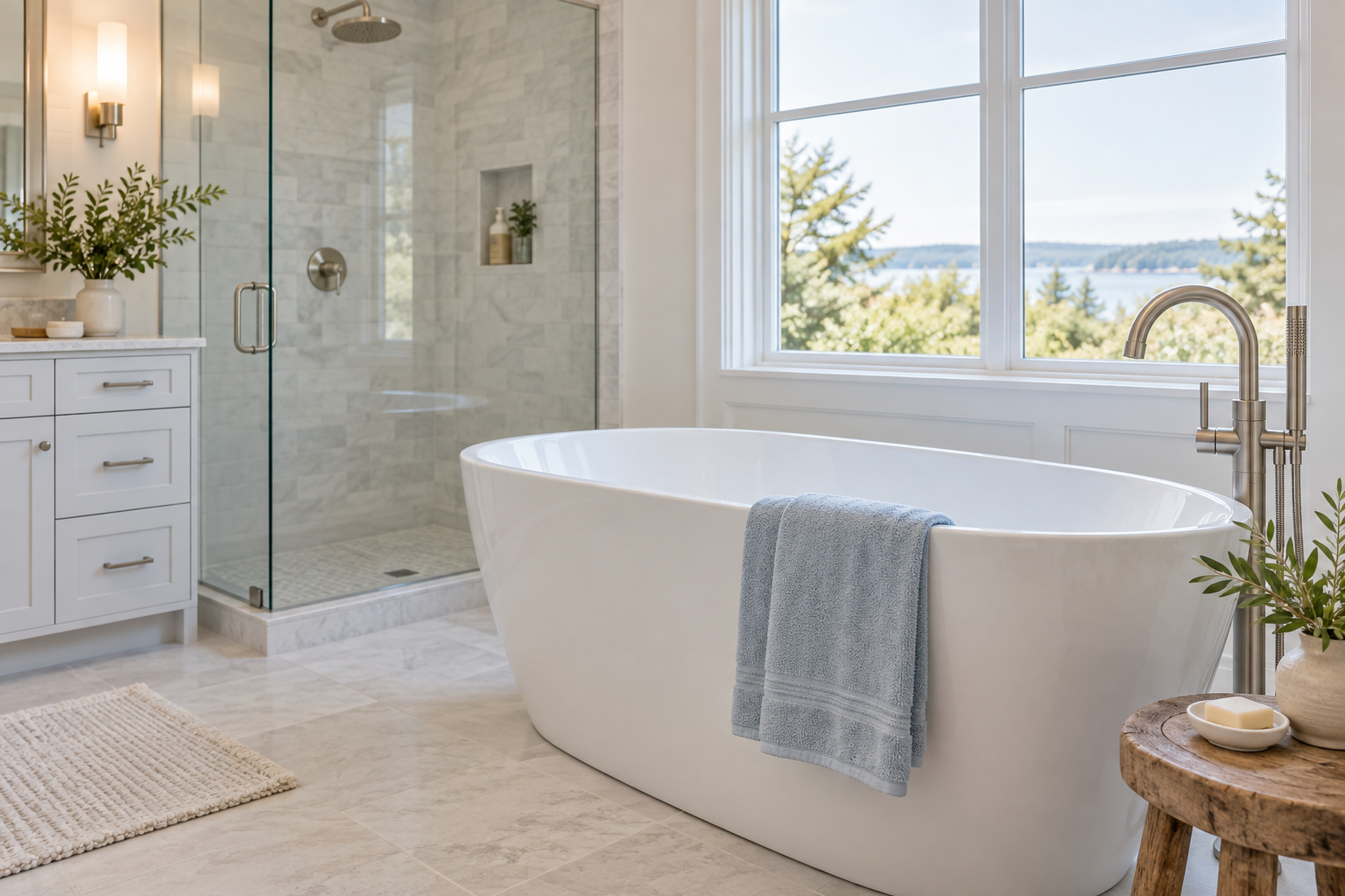 Bright bathroom with a freestanding tub