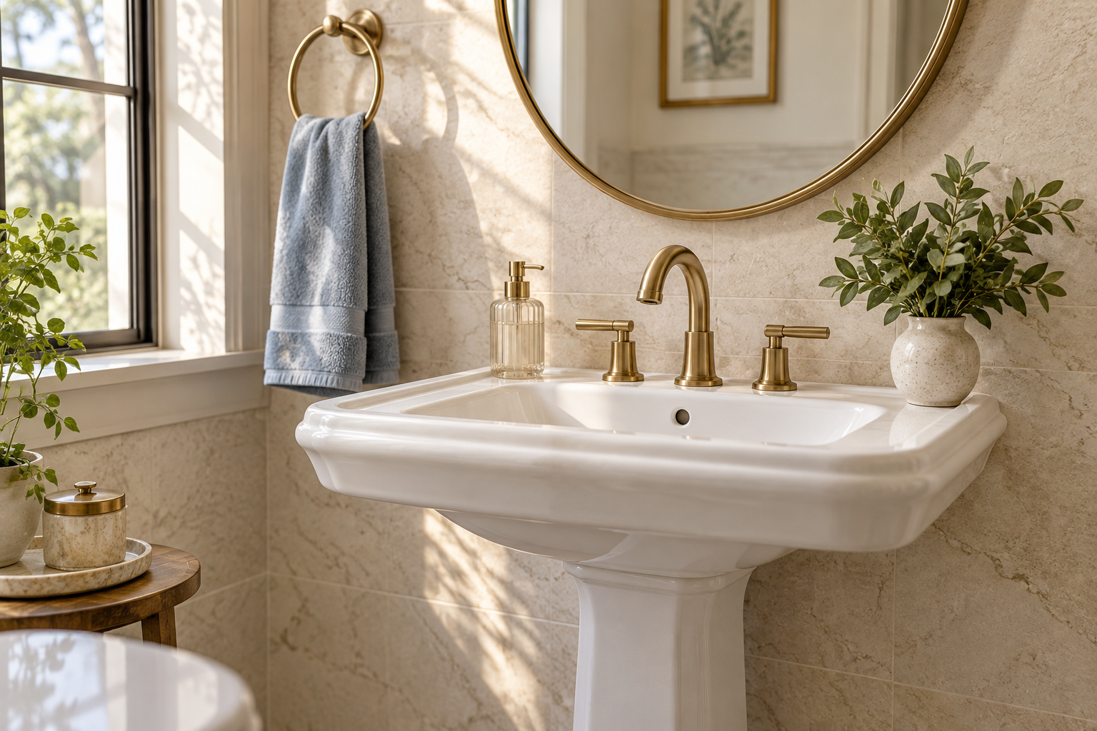 Refined powder room with a pedestal basin