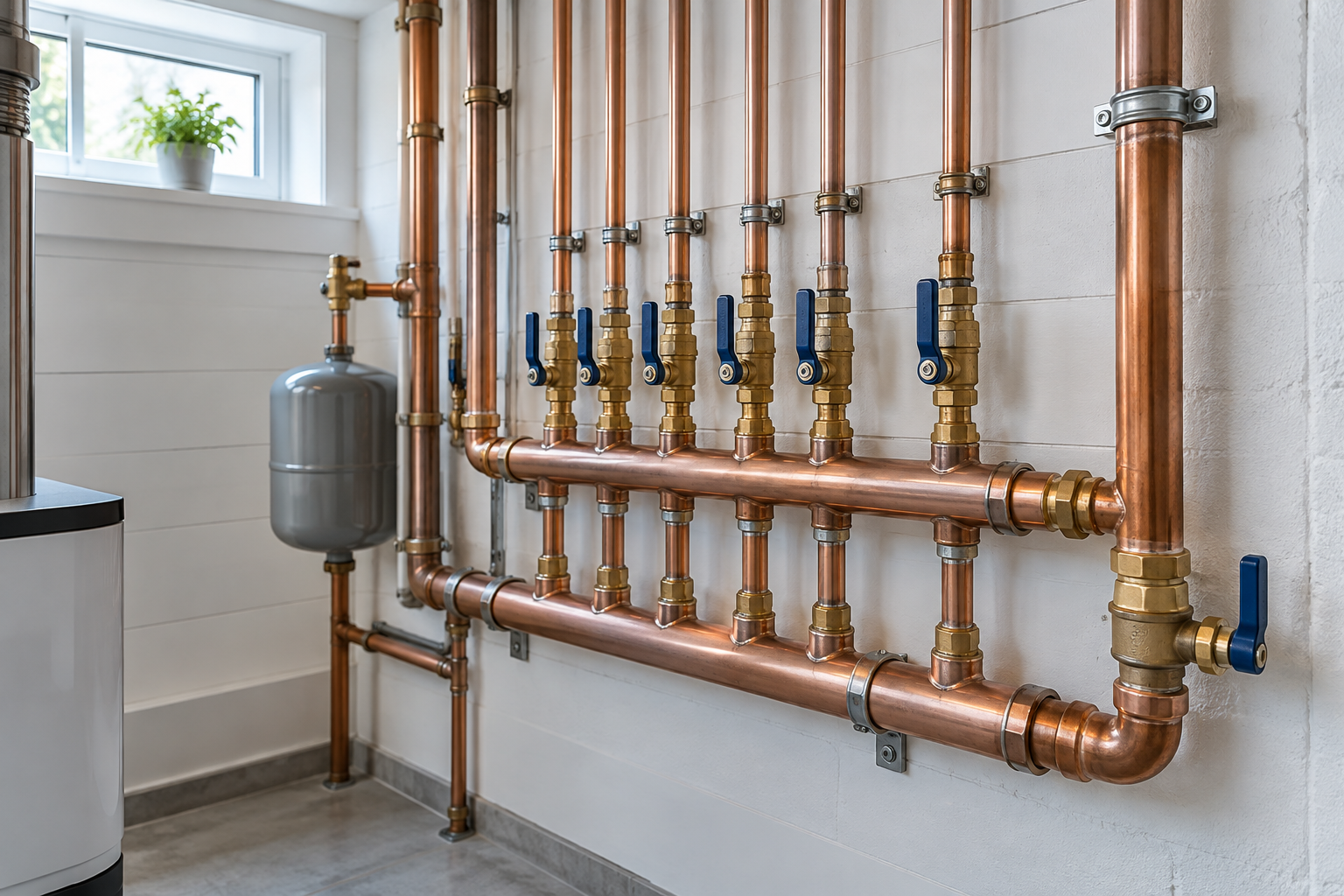 Professionally organized copper plumbing manifold with blue shutoff valves