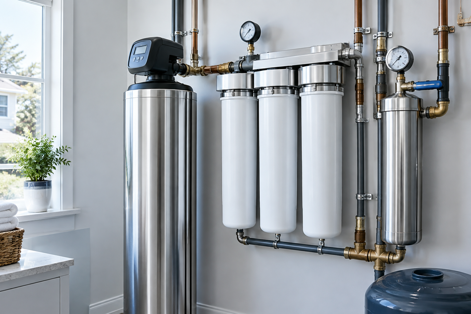 Modern whole-home water filtration system with pressure gauges and polished plumbing
